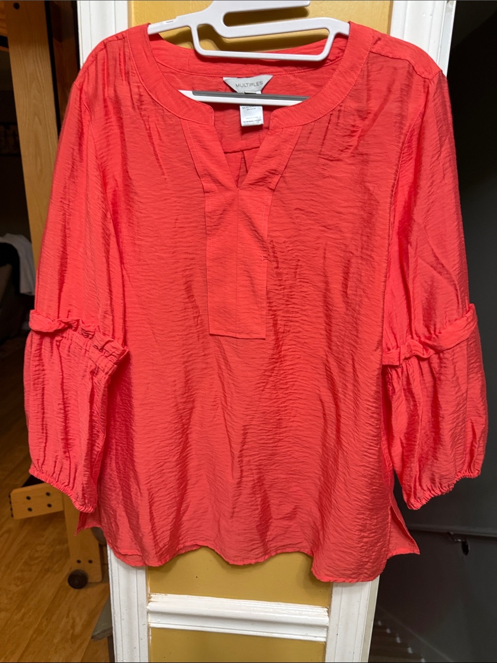 Multiples Coral-Red Crinkle V-Neck Blouse with 3/4 bell sleeves coastal style